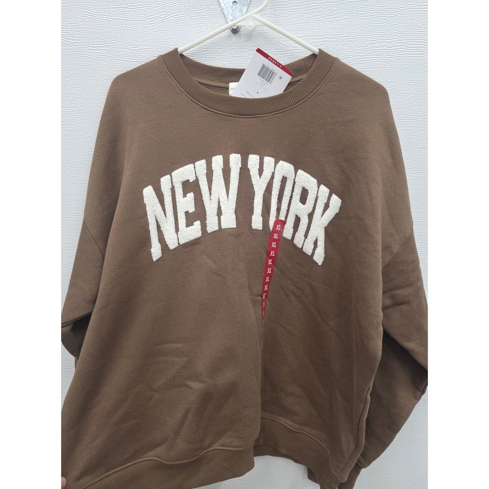 State of Mine New York Graphic Sweatshirt XL Brown Chenille Lettering Pullover